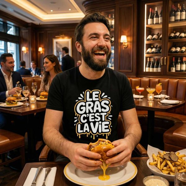 homme souriant dans un restaurant mangeant un burger en portant un t-shirt humour le gras c'est la vie