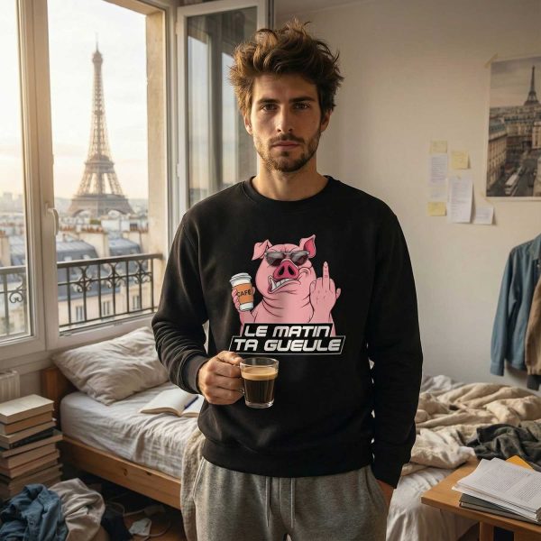 homme dans une chambre parisienne portant un pull sweat-shirt humour avec un cochon faisant un doigt d’honneur et tenant un café design le matin ta gueule