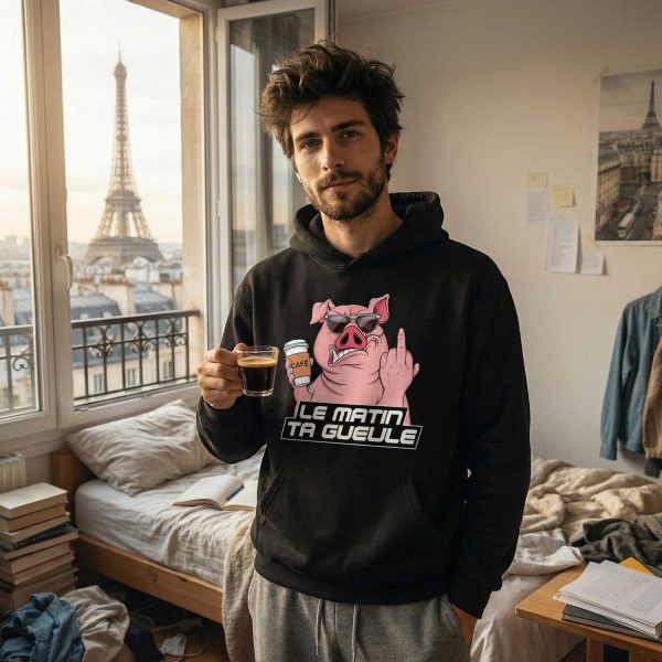 homme dans une chambre parisienne portant un hoodie sweat-shirt à capuche humour avec un cochon faisant un doigt d’honneur et tenant un café design le matin ta gueule