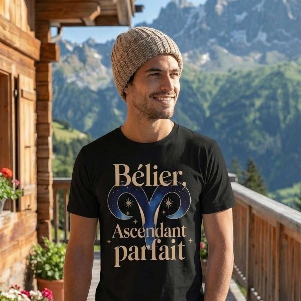 homme souriant sur un balcon en montagne portant un t-shirt astrologie bélier ascendant parfait