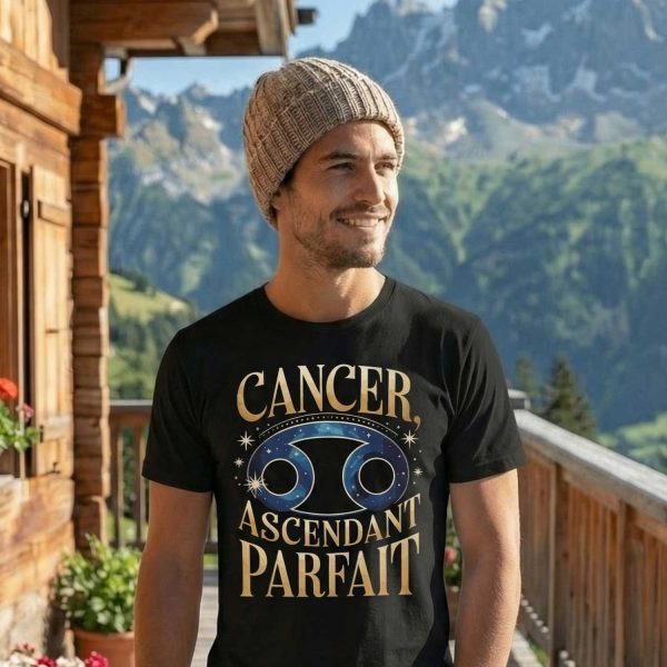 homme souriant sur un balcon en montagne portant un t-shirt astrologie Cancer ascendant parfait