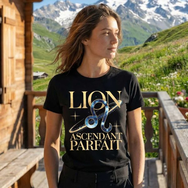 femme souriante sur un balcon en montagne portant un t-shirt astrologie Lion ascendant parfait
