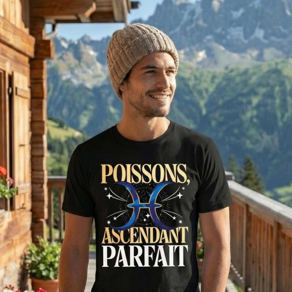 homme souriant sur un balcon en montagne portant un t-shirt astrologie Poissons ascendant parfait