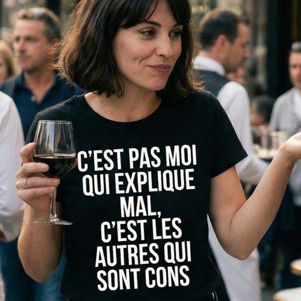 femme tenant un verre de vin portant un t-shirt humour c’est pas moi qui explique mal