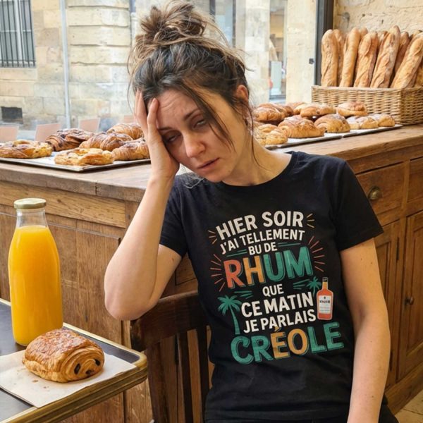 femme fatiguée au petit déjeuner portant un t-shirt humour rhum créole dans une boulangerie