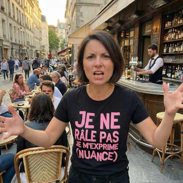 femme exprimant son mécontentement en terrasse portant un t-shirt humour je ne râle pas je m’exprime nuance