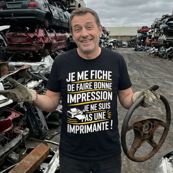 homme souriant dans une casse automobile portant un t-shirt humour je me fiche de faire bonne impression je ne suis pas une imprimante
