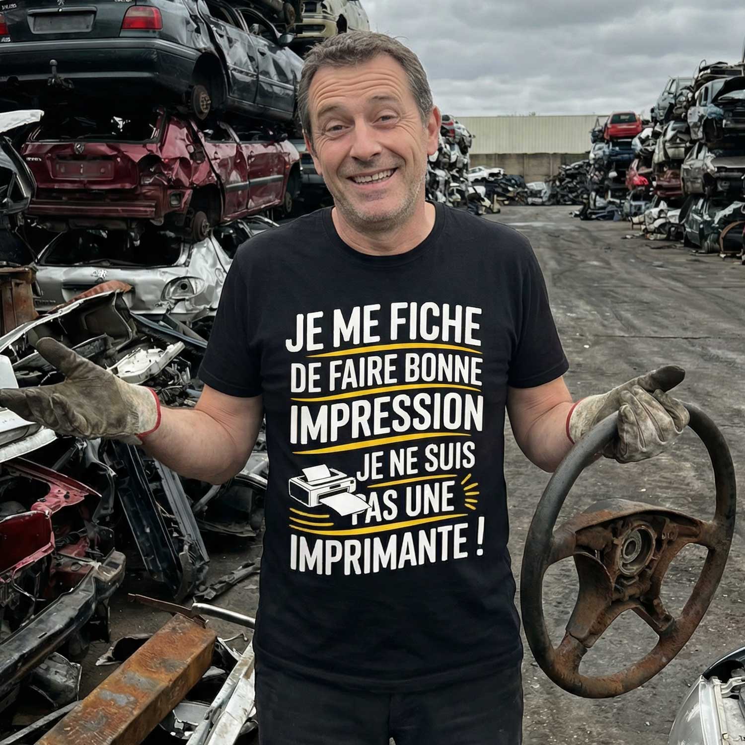 homme souriant dans une casse automobile portant un t-shirt humour je me fiche de faire bonne impression je ne suis pas une imprimante
