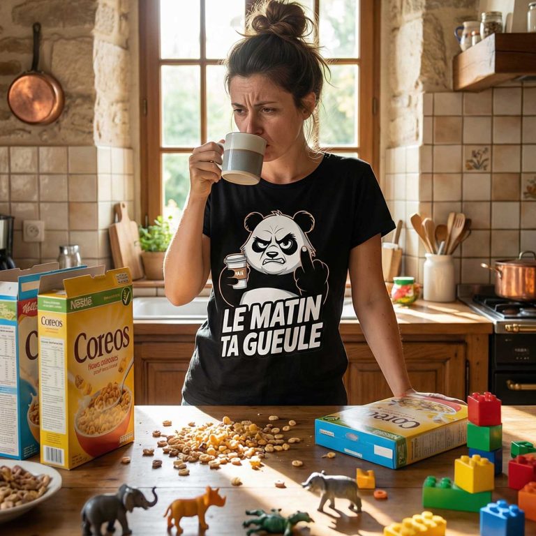 femme fatiguée dans une cuisine portant un t-shirt humour le matin ta gueule avec panda grognon