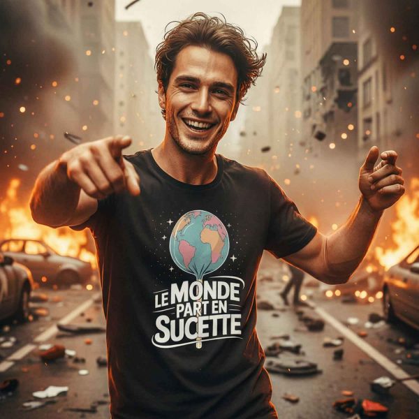 homme souriant dans une rue en chaos portant un tshirt humour avec le design le monde part en sucette