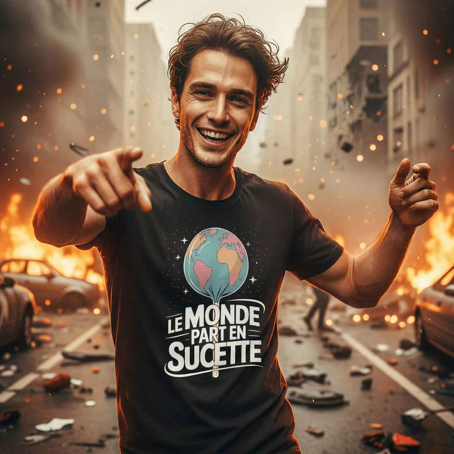 homme souriant dans une rue en chaos portant un tshirt humour avec le design le monde part en sucette