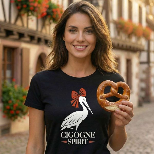personne souriante portant un t-shirt humour alsace avec une cigogne et un bretzel dans une rue alsacienne