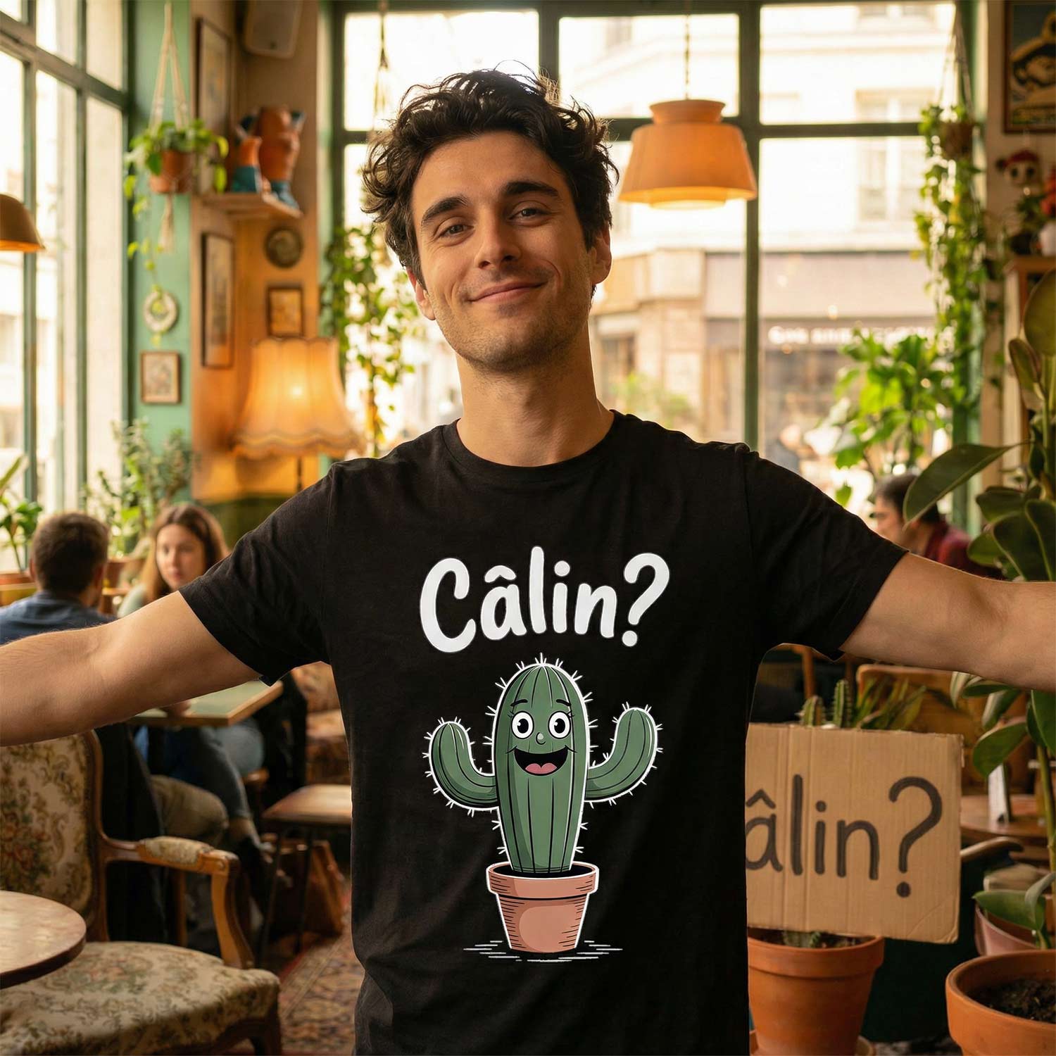 personne souriante portant un t-shirt humour cactus avec les bras ouverts dans un café