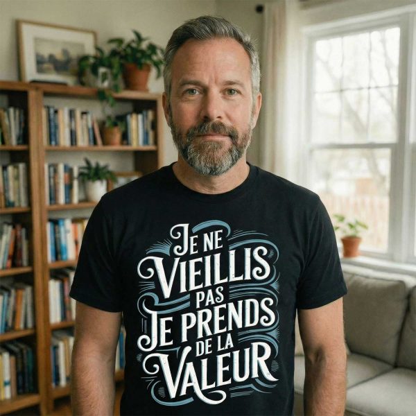 homme portant un t-shirt humour âge je ne vieillis pas je prends de la valeur à l’intérieur d’une maison