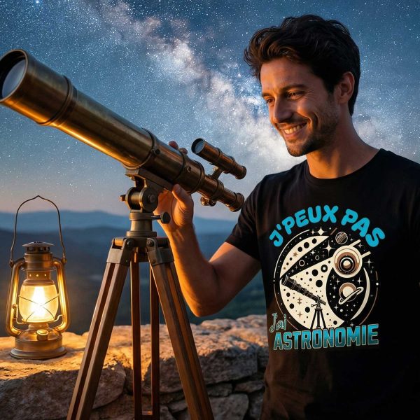 homme observant le ciel avec un télescope portant un t-shirt humour astronomie je peux pas j’ai astronomie