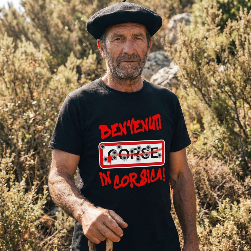 homme corse portant un t-shirt humour corse bienvenue en corse dans le maquis avec un béret