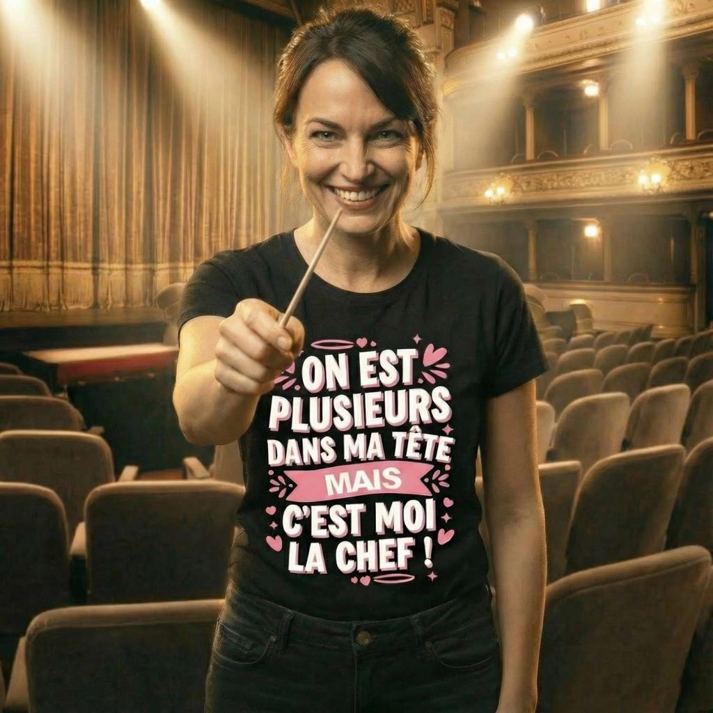 femme souriante tenant une baguette sur scène portant un t-shirt humour on est plusieurs dans ma tête mais c’est moi la chef