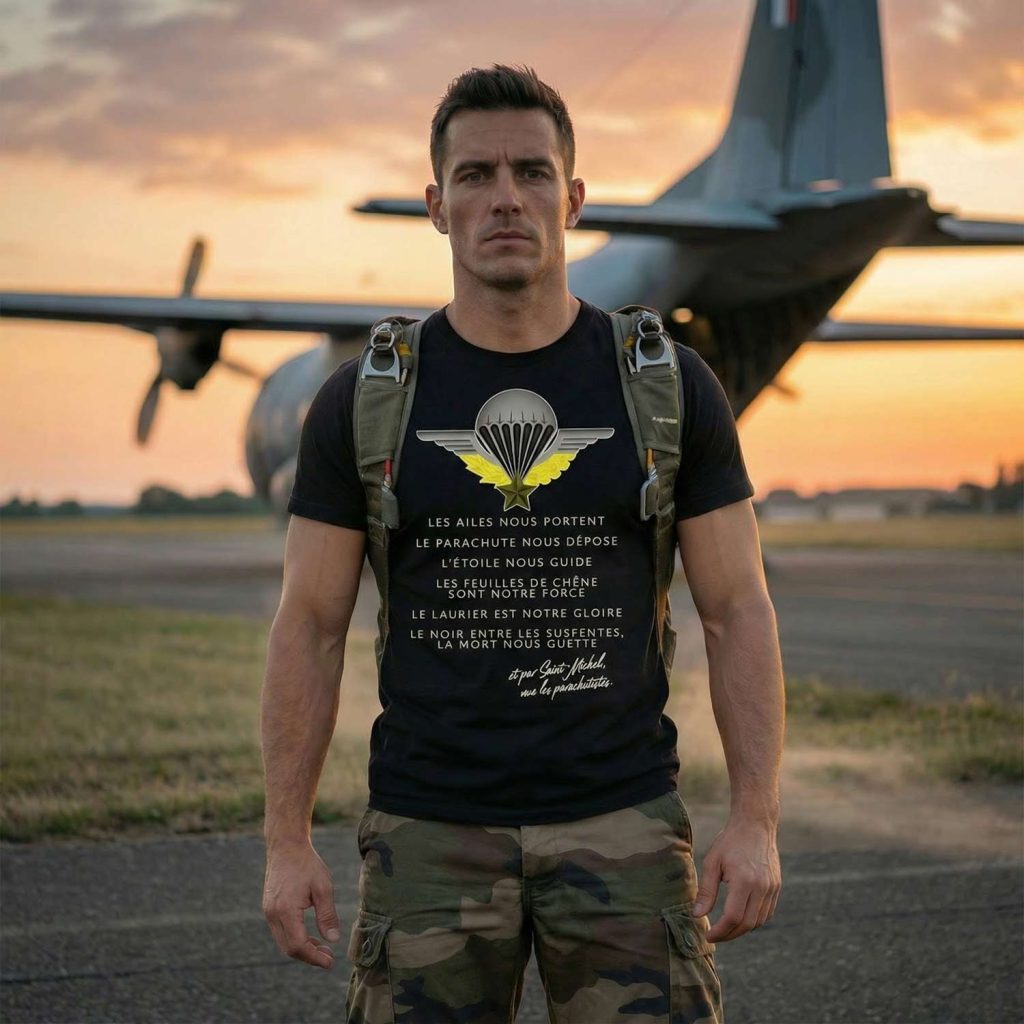 militaire français devant avion de transport portant t-shirt saint michel patron des parachutistes avec prière parachutiste