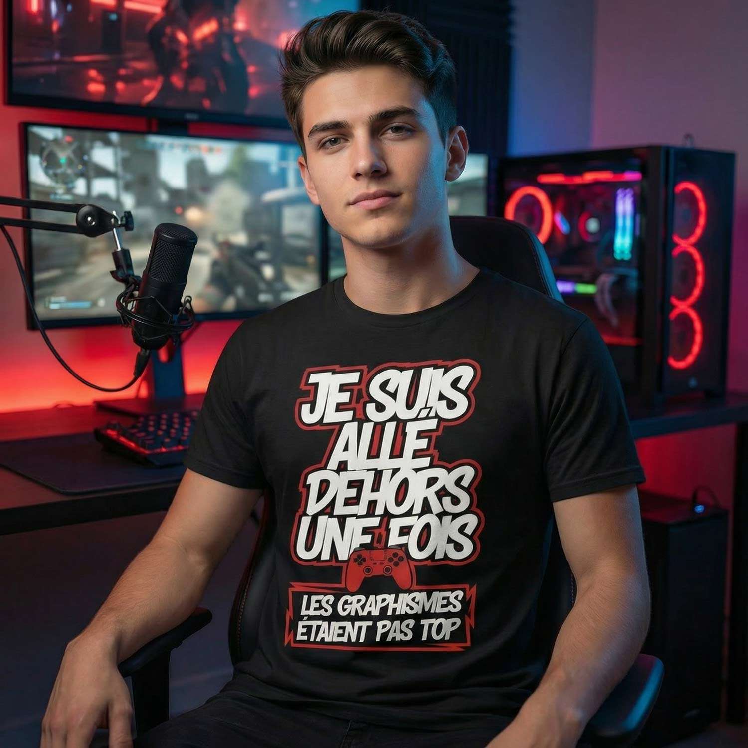 jeune homme portant un t-shirt humour gaming je suis allé dehors une fois les graphismes étaient pas top dans un setup gamer avec écrans et lumières led