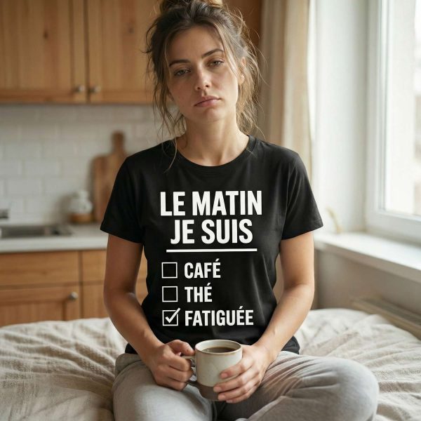 femme assise le matin avec une tasse de café portant un t-shirt humour le matin je suis fatiguée dans une ambiance cocooning