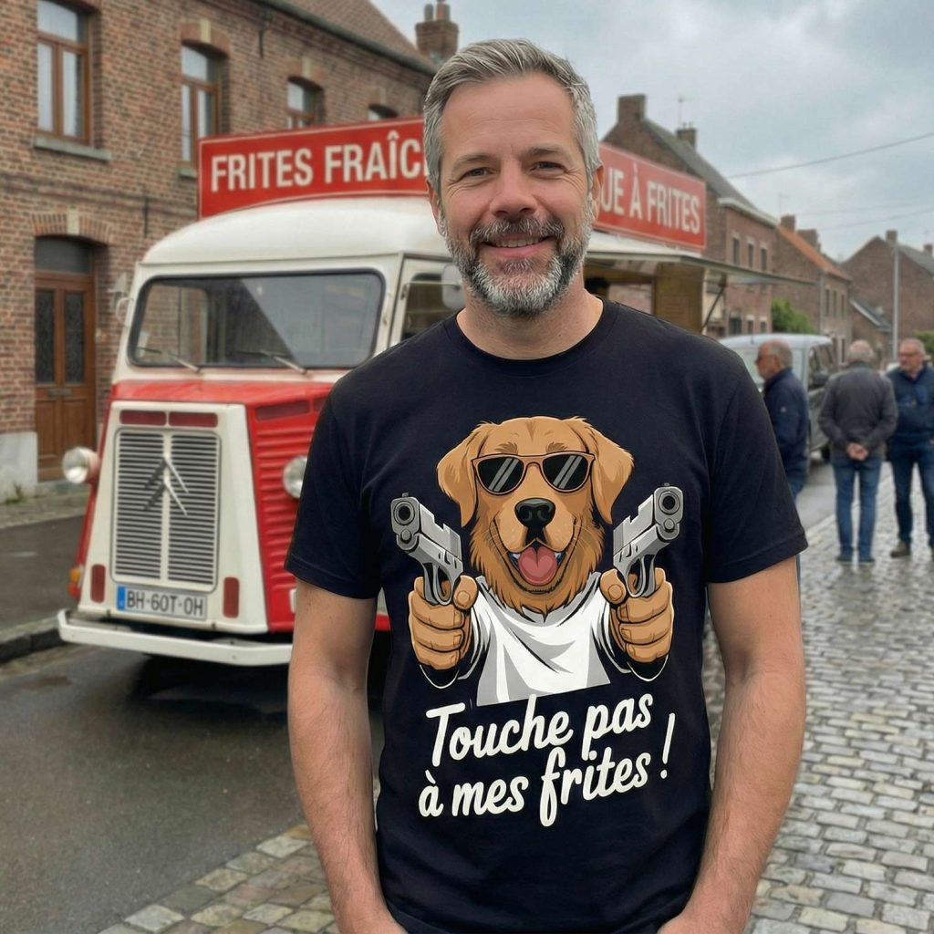 personne souriante portant un t-shirt humour avec un chien et le message touche pas à mes frites devant une friterie