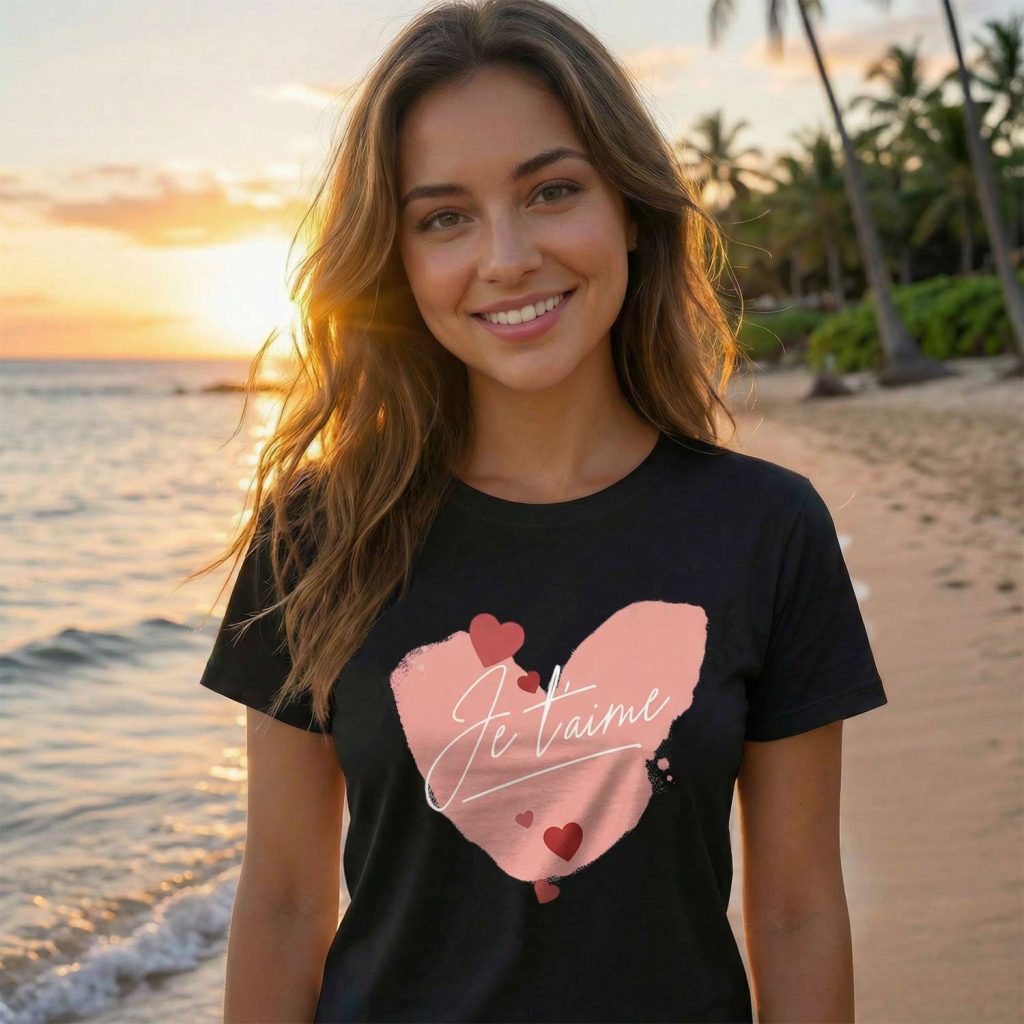 femme souriante portant un t-shirt amour avec coeur rose et inscription je t’aime sur la plage au coucher du soleil