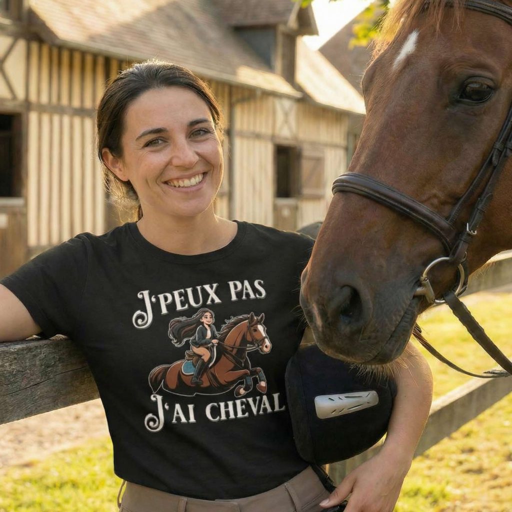 t-shirt humour équitation j’peux pas j’ai cheval avec illustration cavalière et cheval