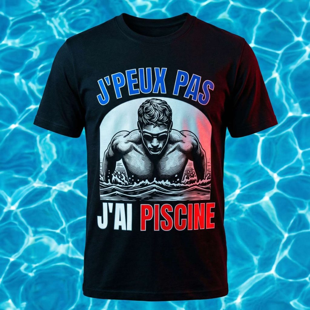 t-shirt humour natation j’peux pas j’ai piscine avec illustration nageur et fond piscine