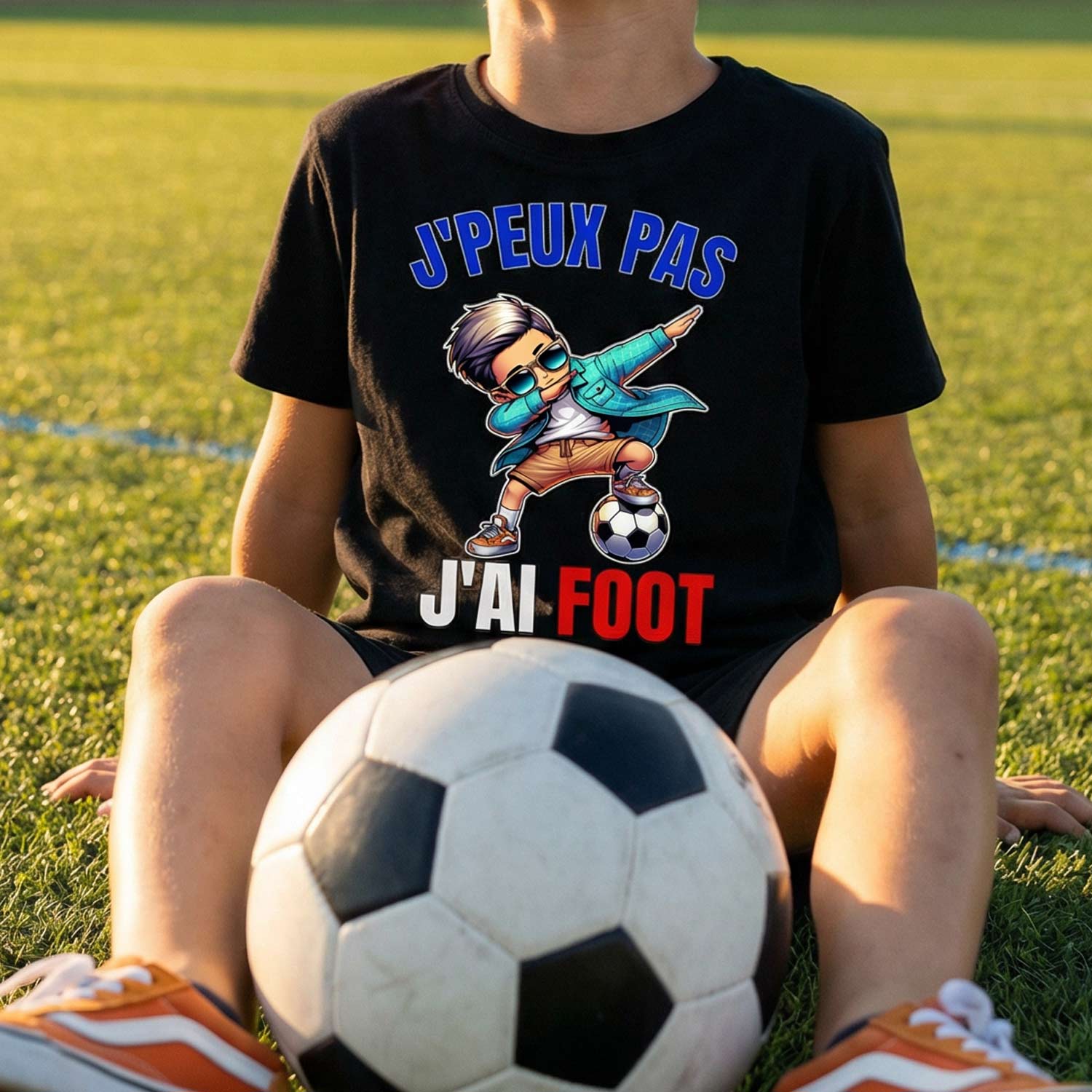 t-shirt humour football enfant j’peux pas j’ai foot avec illustration garçon et ballon
