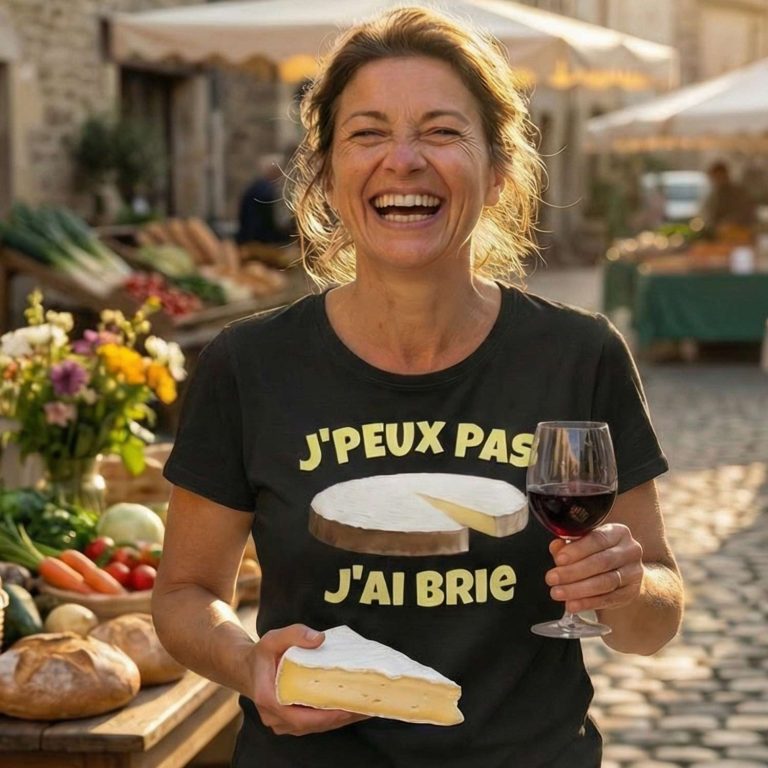t-shirt humour fromage j’peux pas j’ai brie avec illustration fromage et ambiance marché