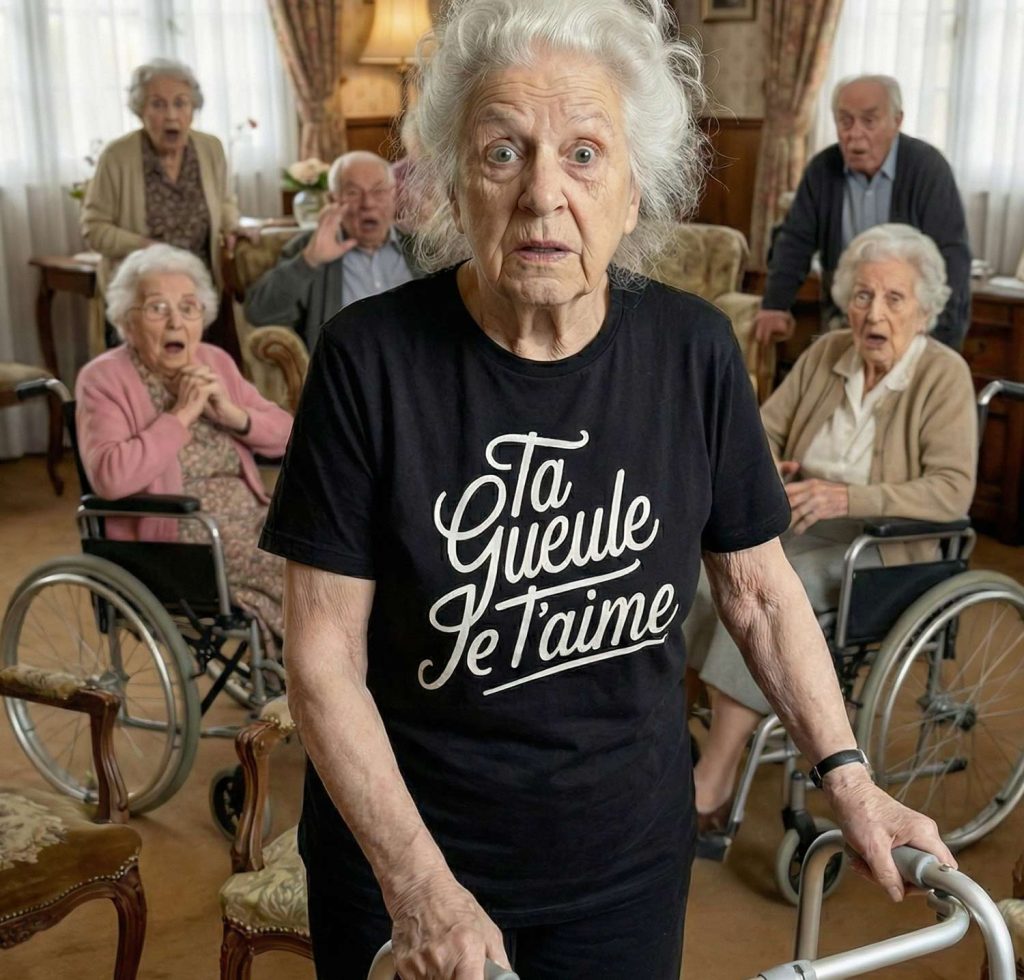 personne âgée portant un t-shirt humour noir ta gueule je t’aime dans un salon
