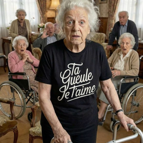 personne âgée portant un t-shirt humour noir ta gueule je t’aime dans un salon