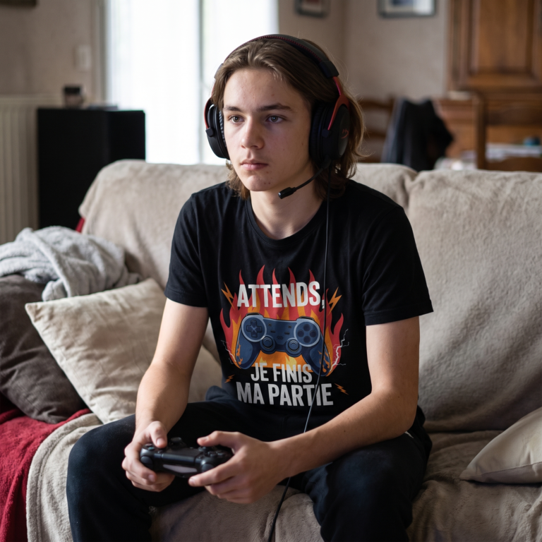 adolescent casque sur les oreilles manette en main sur le canape portant un t-shirt noir avec le design attends je finis ma partie