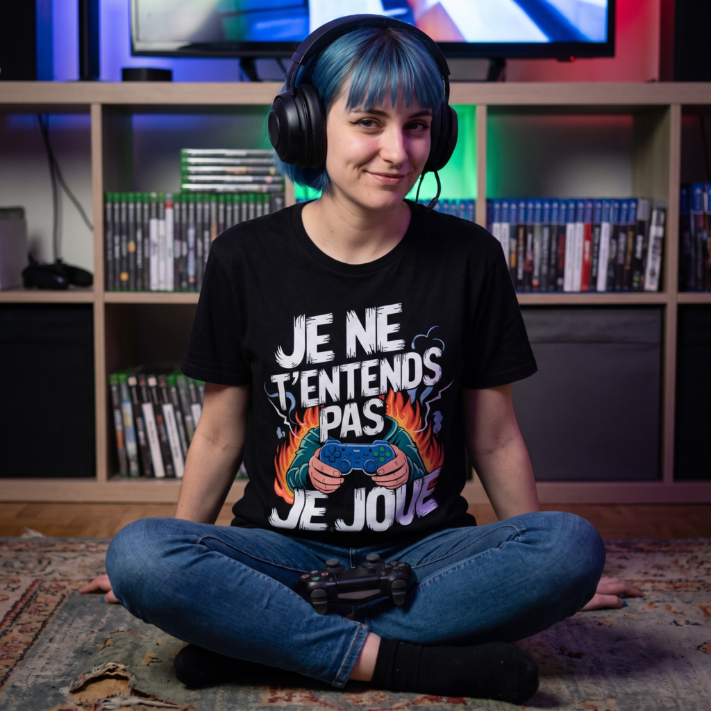jeune joueuse aux cheveux bleus casque audio sur les oreilles portant un t-shirt gamer noir avec le design je ne t entends pas je joue