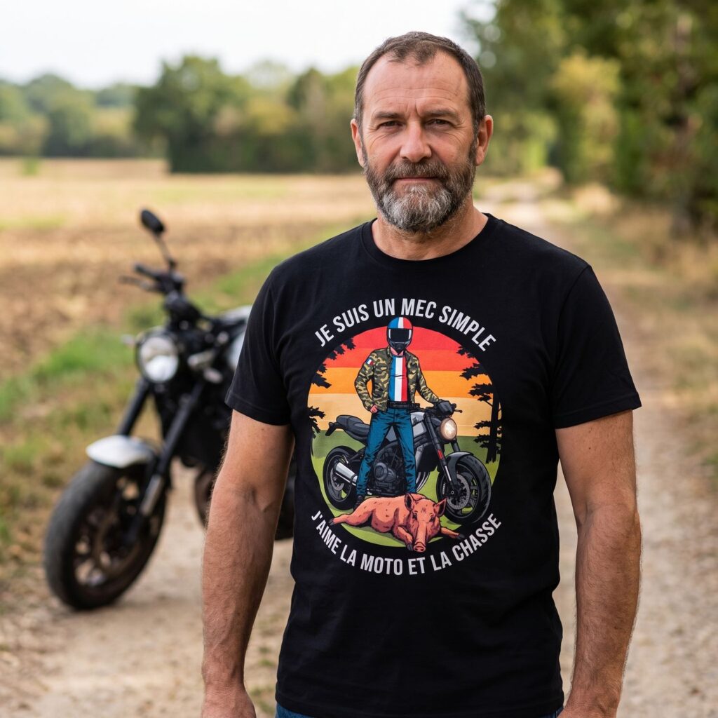 T-shirt humour chasse moto, Je Suis Un Mec Simple