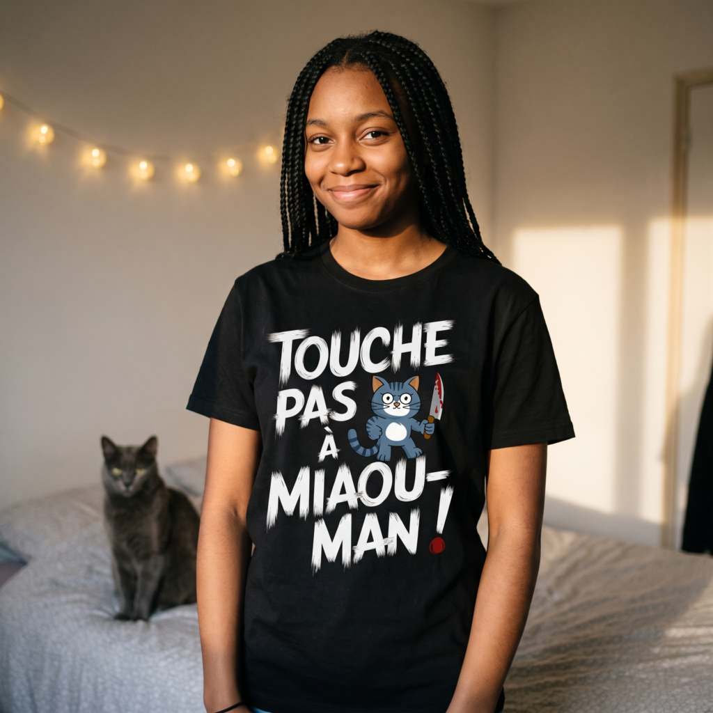 T-shirt humour chat maison, Touche Pas À Miaou-Man