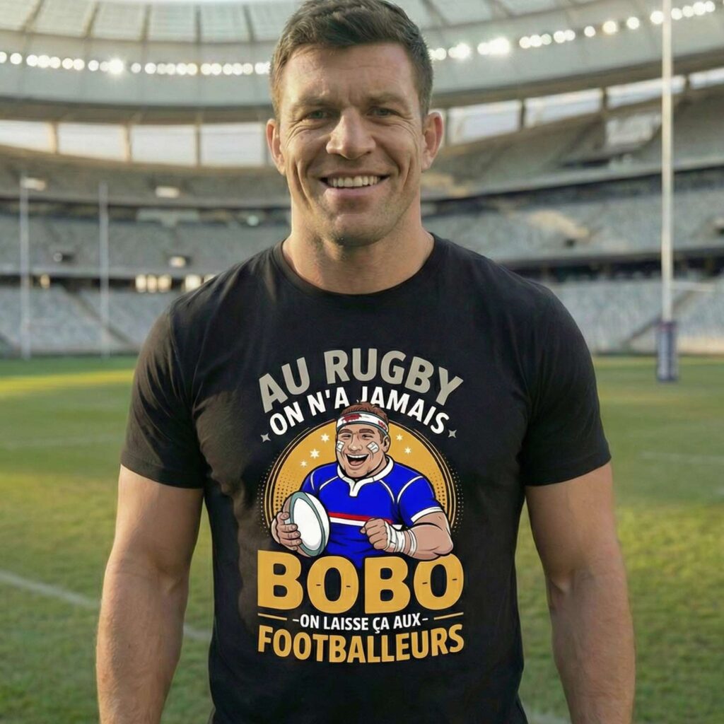 joueur portant un tee shirt rugby humoristique noir avec le message au rugby on n a jamais bobo