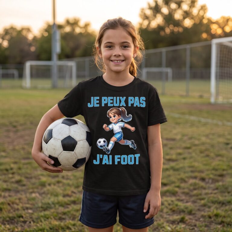 fille d'environ neuf ans sur un terrain municipal portant un t-shirt noir Je Peux Pas J'Ai Foot