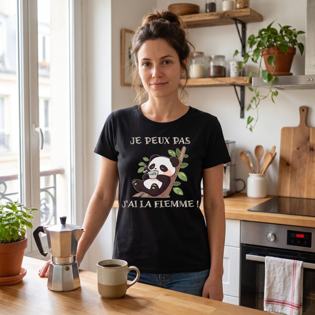 T-shirt Panda Café, Je Peux Pas J&rsquo;Ai La Flemme